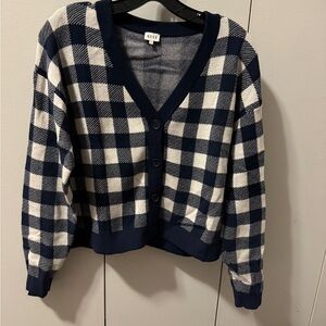 KULE Navy and White Buffalo Check V-Neck Cardigan